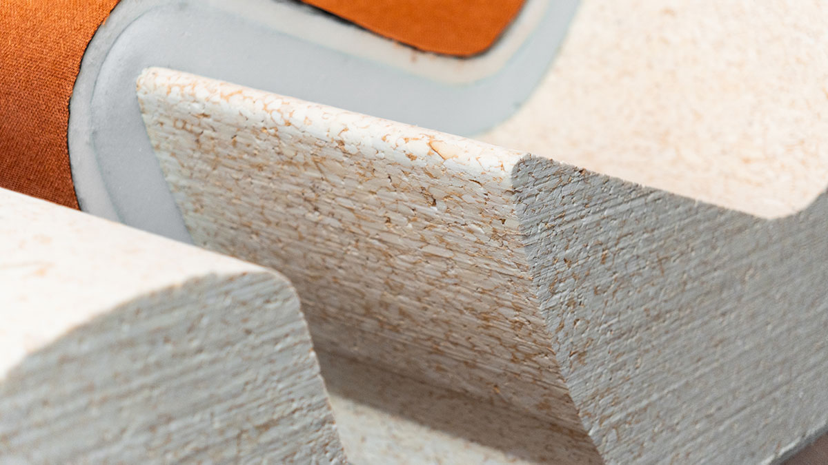 Close-up of recycled PU foam insulation panel used as raw material for furniture, showing PU foam insulation recycling in practice.